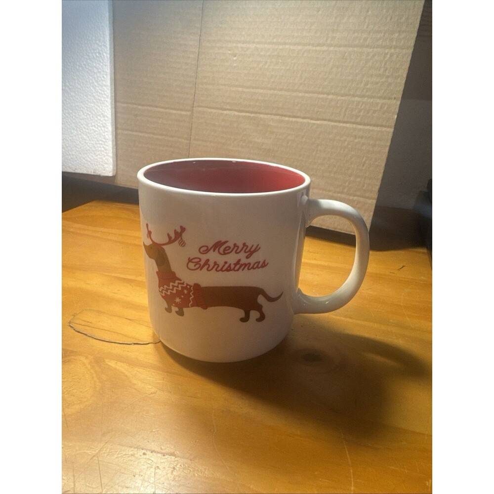 Coffee Mug Dachshund Merry Christmas White  Dog Sweater Antlers Gift Unused